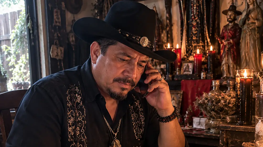 El brujo anota la consulta mientras habla por teléfono, rodeado de velas, hierbas y cartas de tarot